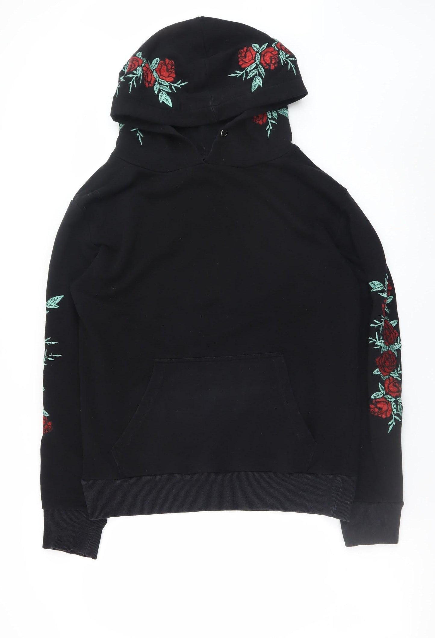 Boohoo Black Rose Embroidered Pullover Hoodie Women M Floral Casual