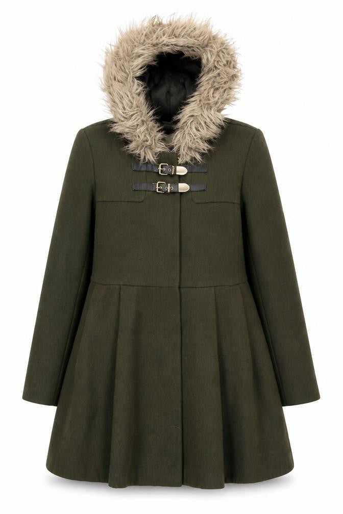 Front view of ASOS Women Olive Green Faux Fur Hooded Duffle Coat UK 10 Wool Blend