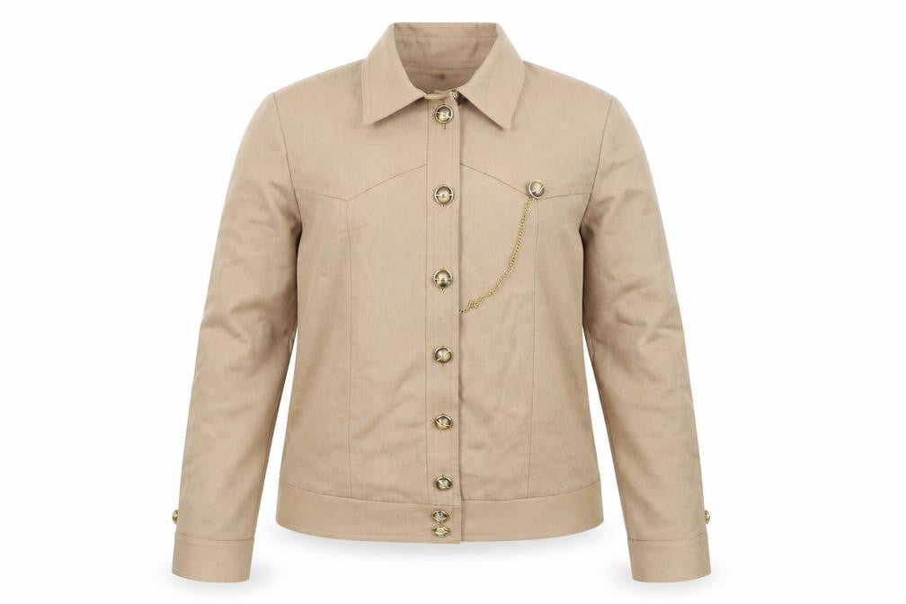 Front view of Riddella girls’ beige wool button-up jacket, size 14, classic style
