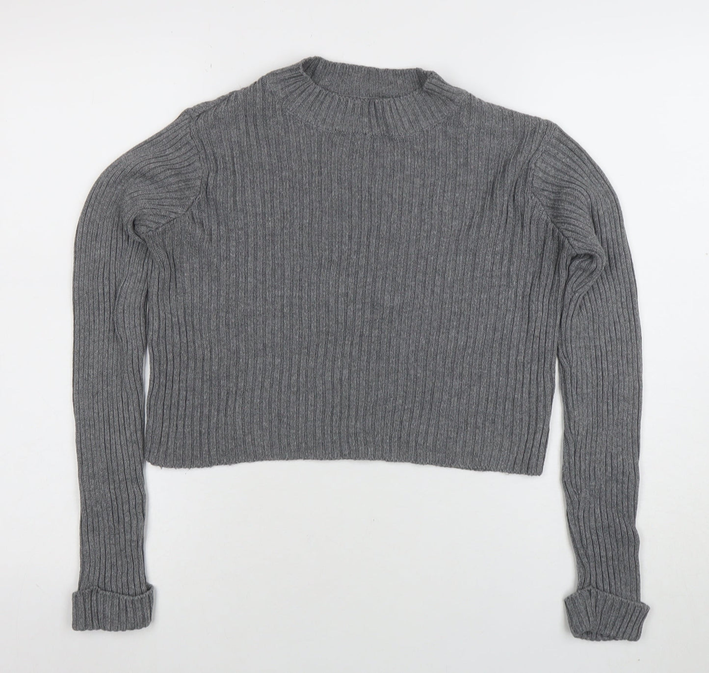 Pull&Bear Womens Grey Mock Neck Rib Knit Jumper Size 10