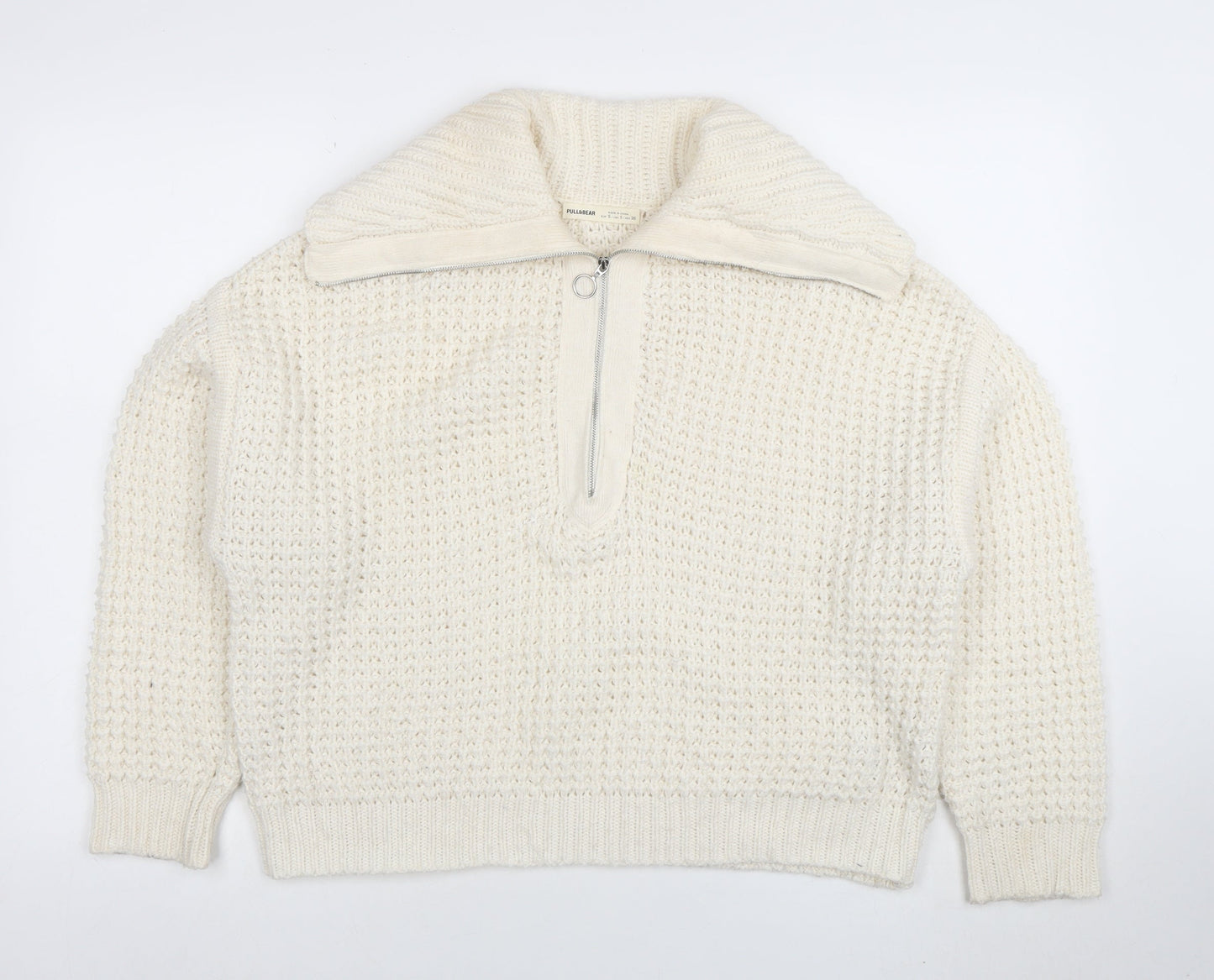 Pull & Bear Women's Ivory Chunky Half Zip Knit Jumper Size S