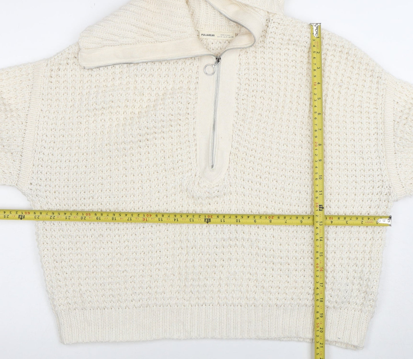Pull & Bear Women's Ivory Chunky Half Zip Knit Jumper Size S