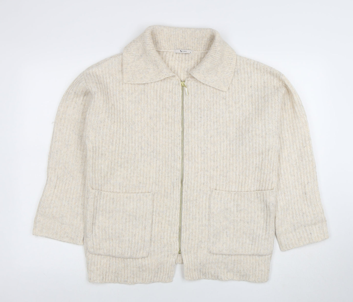 Tu Women Beige Collared Full Zip Knit Jumper Size 10