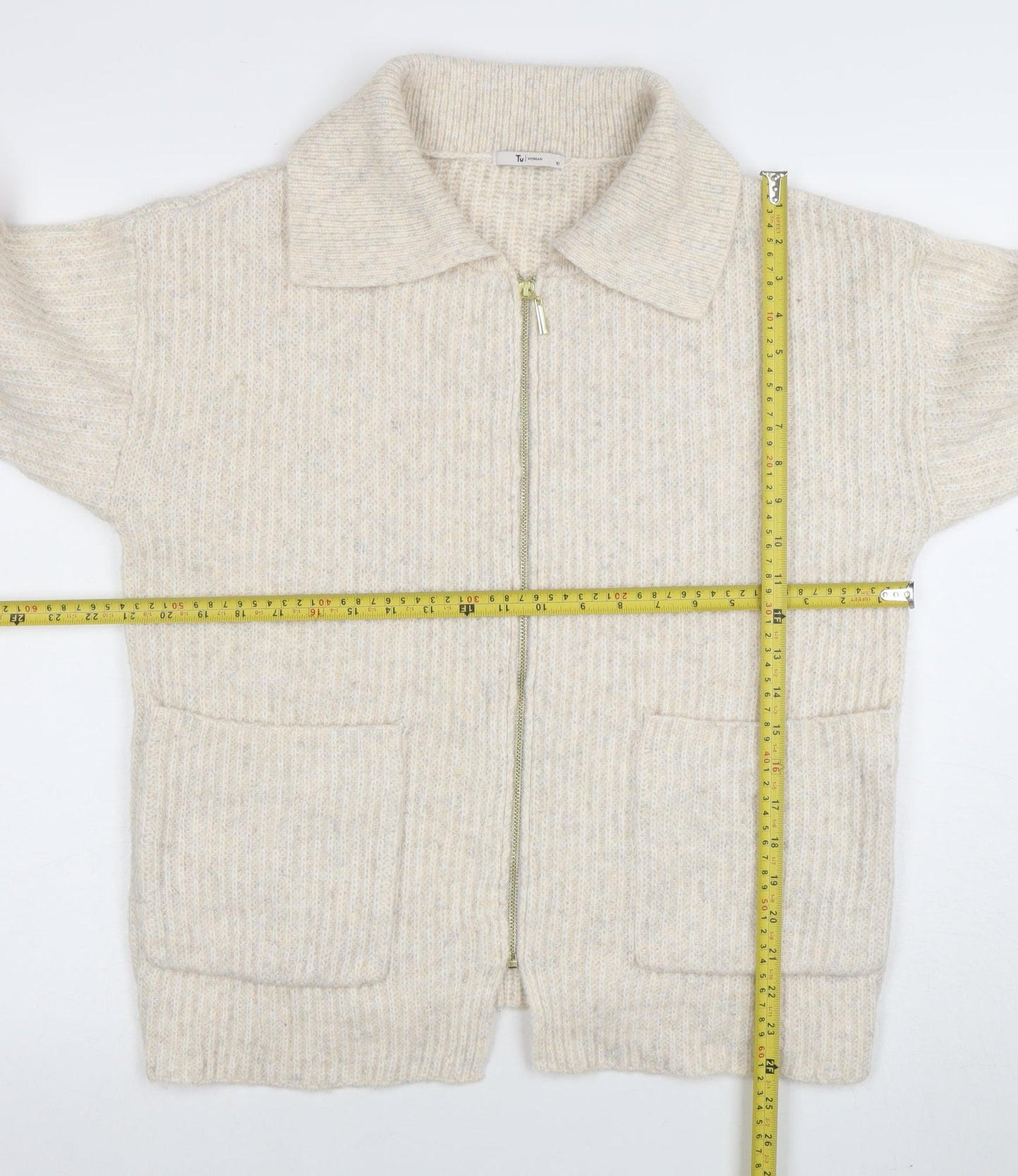 Tu Women Beige Collared Full Zip Knit Jumper Size 10