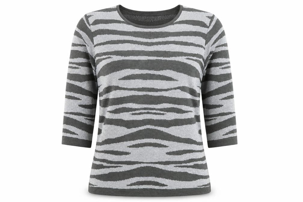 Alexara Women Grey Animal Print 3/4 Sleeve Knit T-Shirt M