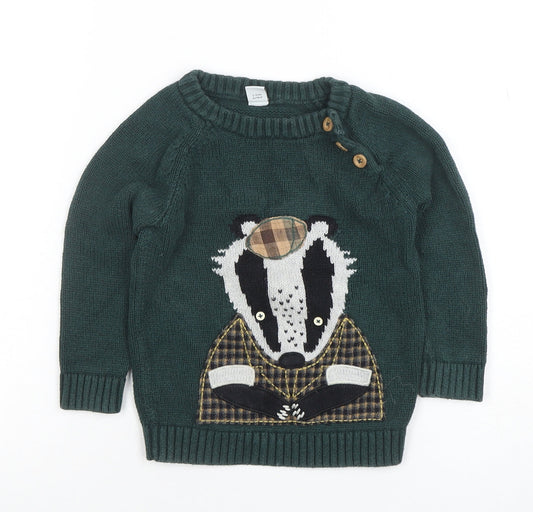 Tu Boys Green Badger Knitted Jumper 2-3 Years Cotton Pullover
