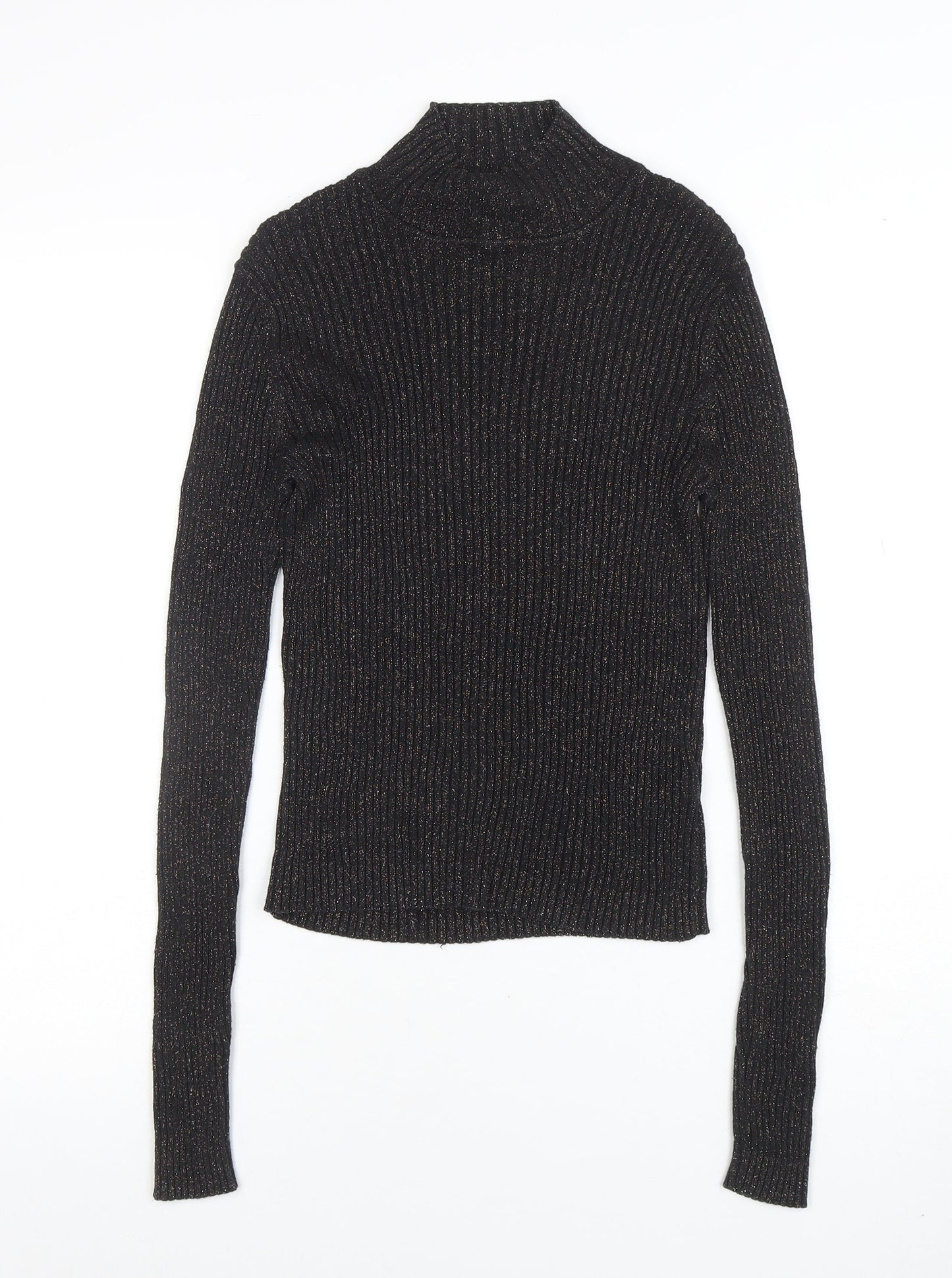 Topshop Women’s Black Metallic Roll Neck Ribbed Jumper UK 12