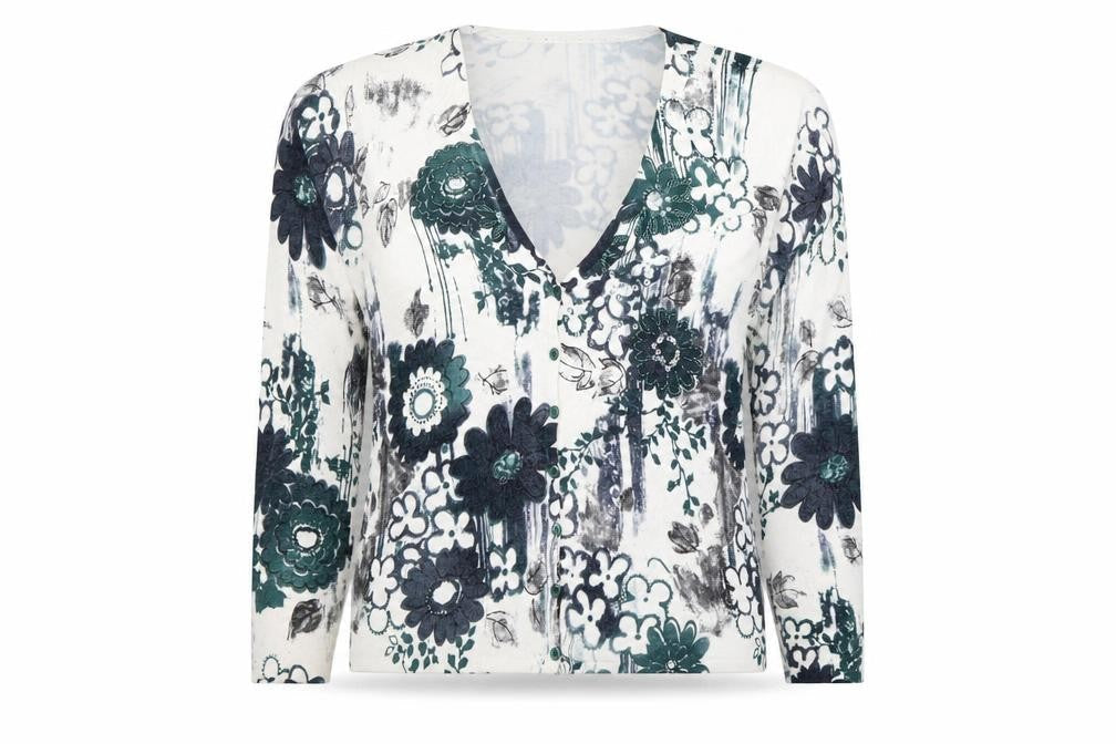Dunnes Womens Green Floral V-Neck Button Cardigan Size 14