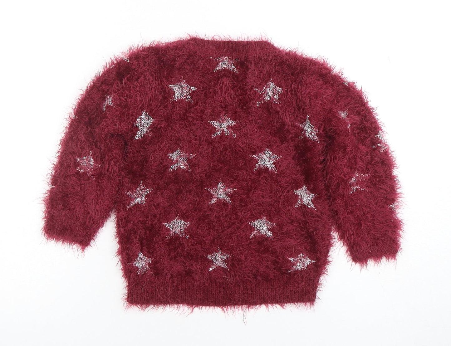 Marks and Spencer Girls Burgundy Star Fuzzy Pullover Jumper 3-4 Years