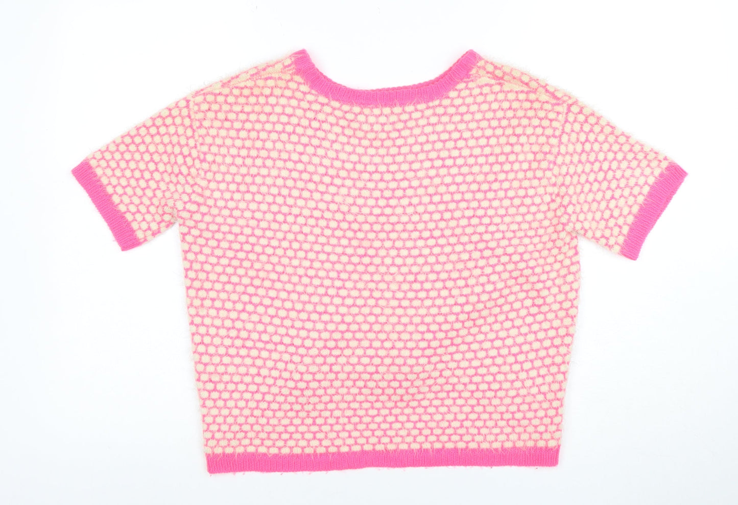 ASOS Women Pink & Cream Short Sleeve Cropped Knit Jumper UK 10