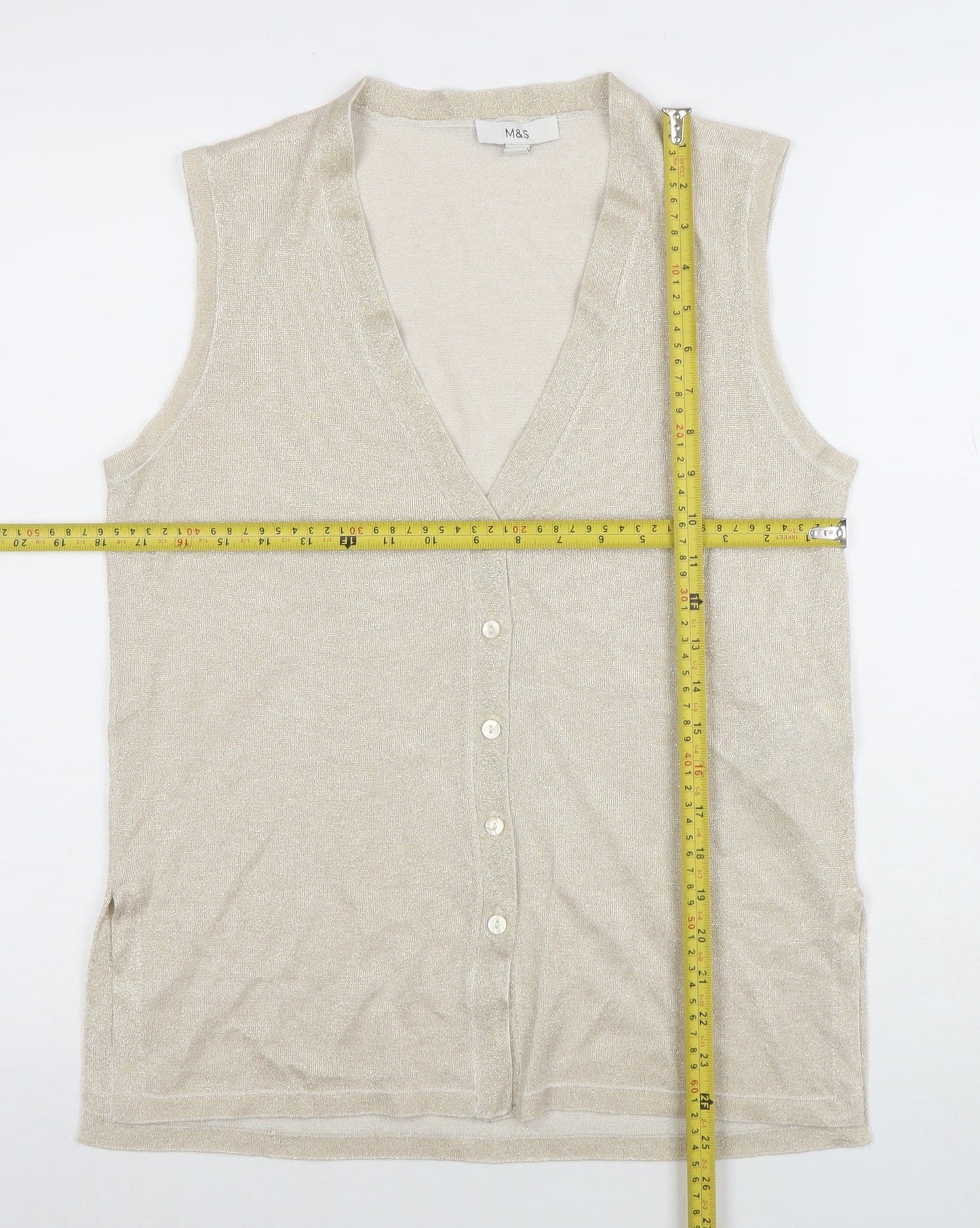 Marks and Spencer Women’s Beige Sleeveless Knit V-Neck Button Blouse Size M