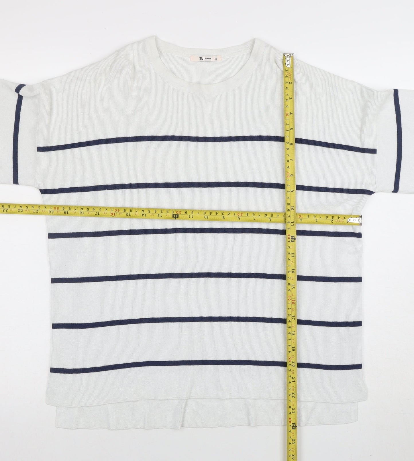 Tu Woman White Blue Striped 3/4 Sleeve Jersey Top Size 10