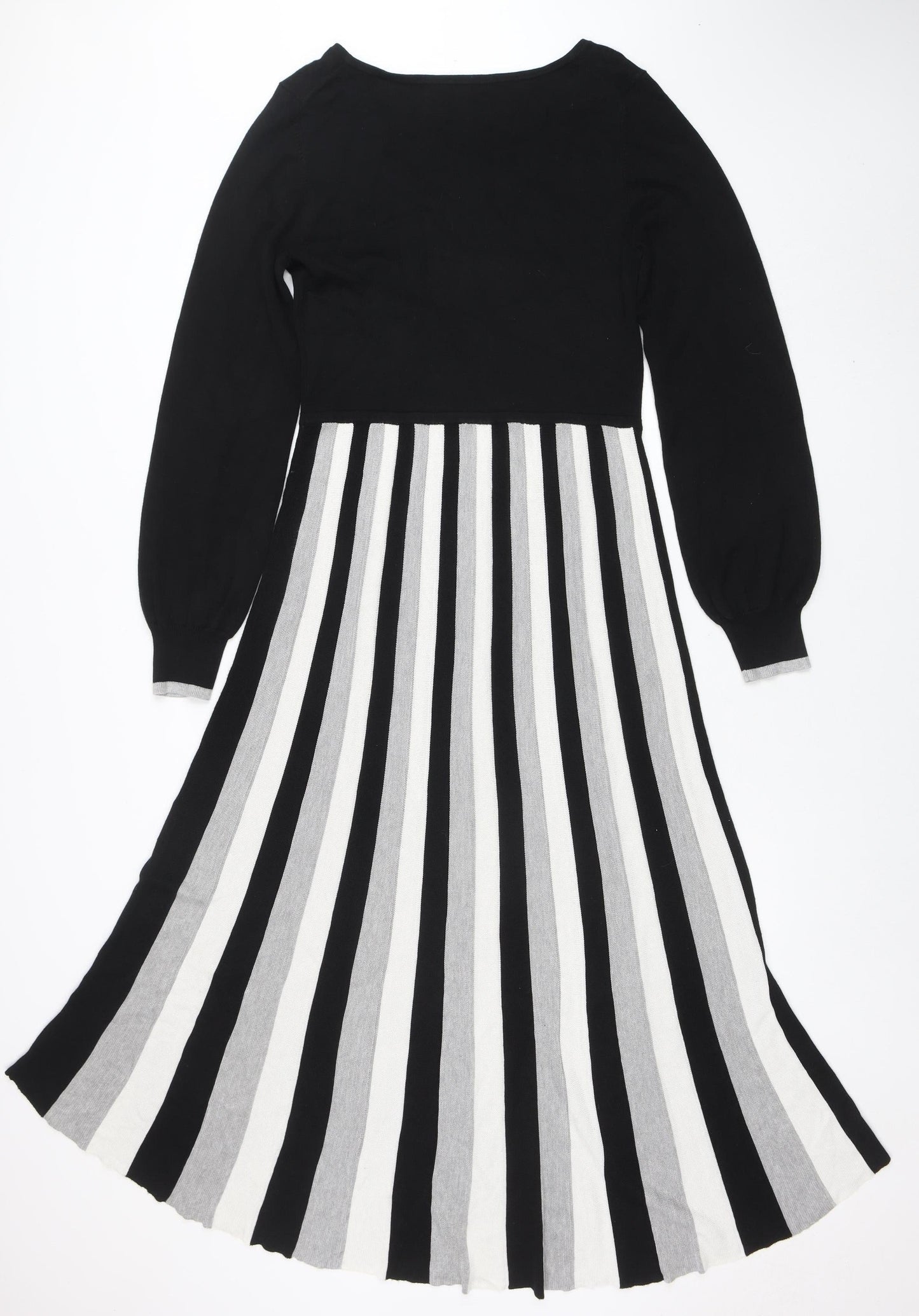 Warehouse Women Black White Stripe A-Line Knit Long Sleeve Dress Size 12