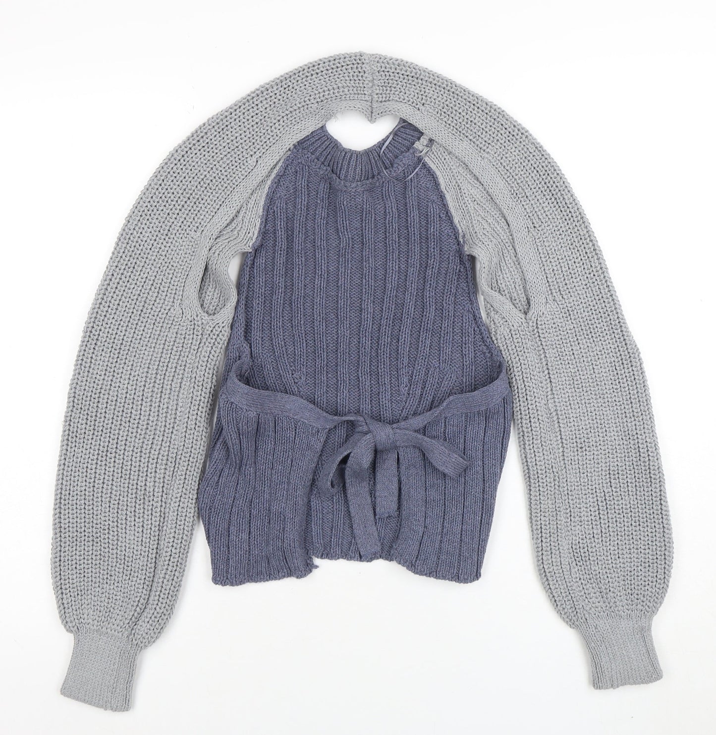 ZARA Women Blue Knit Cotton Blend Raglan Sleeve Belted Jumper Size M