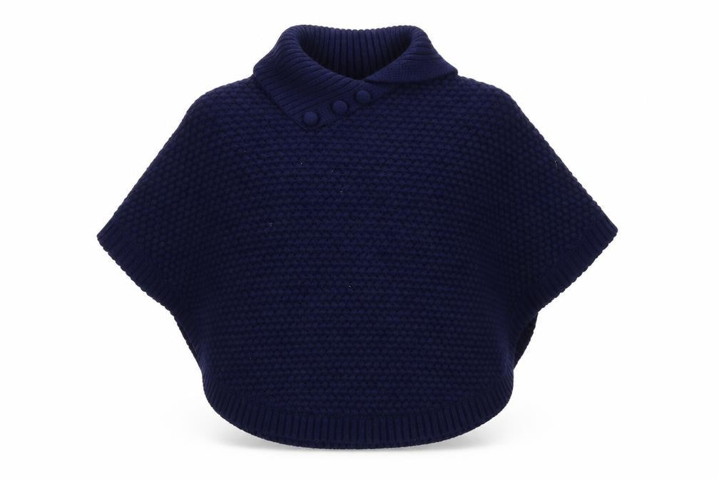 Front view of John Lewis girls’ blue knit poncho 9-10 years acrylic wool blend