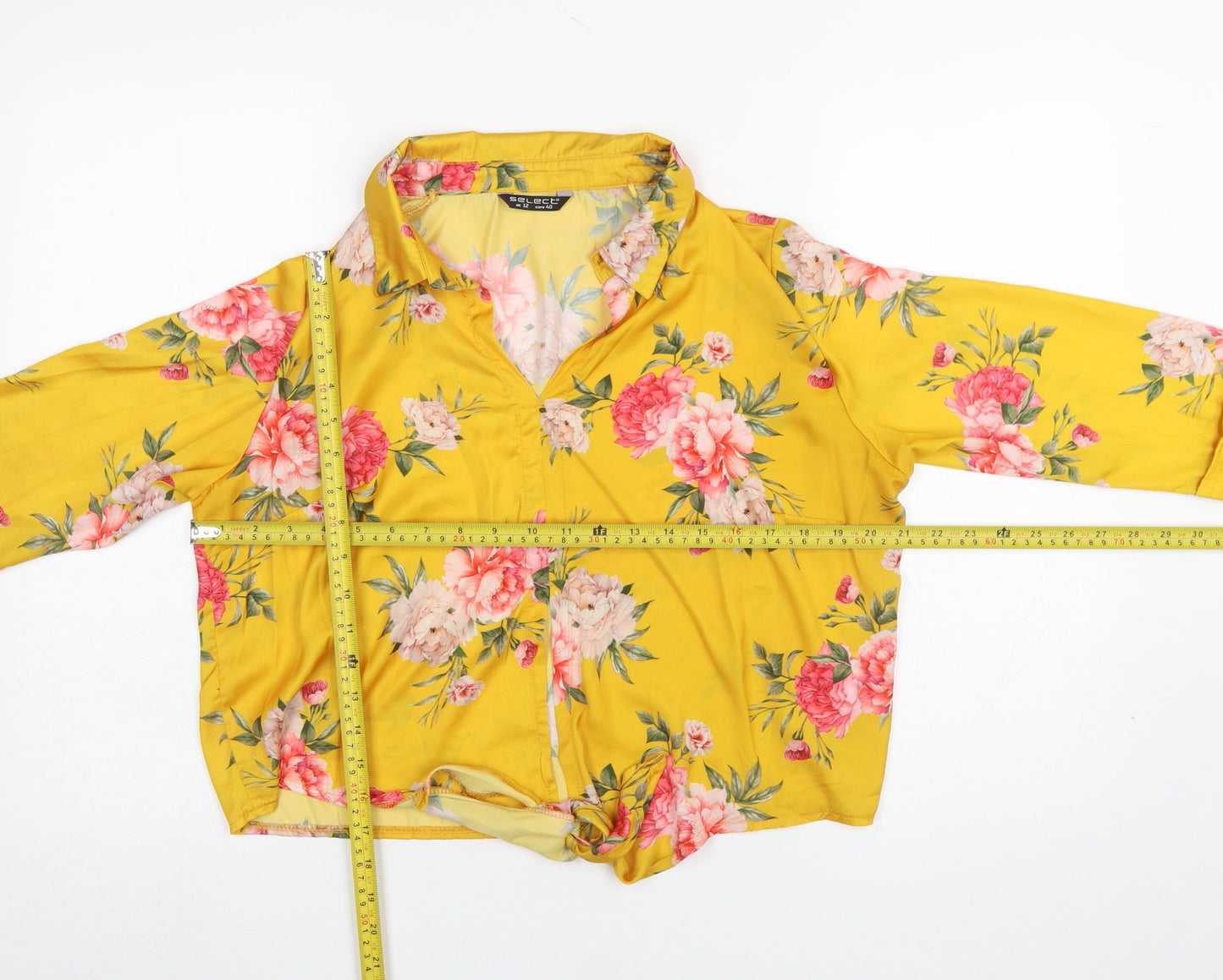 Select Womens Yellow Floral Collared Cropped Blouse UK 12
