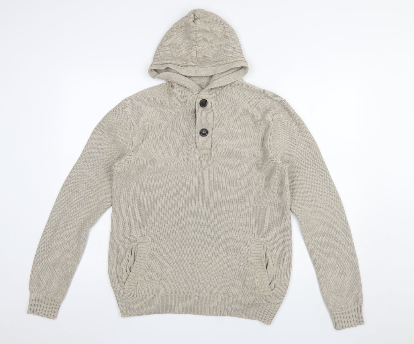 H&M L.O.G.G Men’s Beige Cotton Hooded Henley Jumper Size M