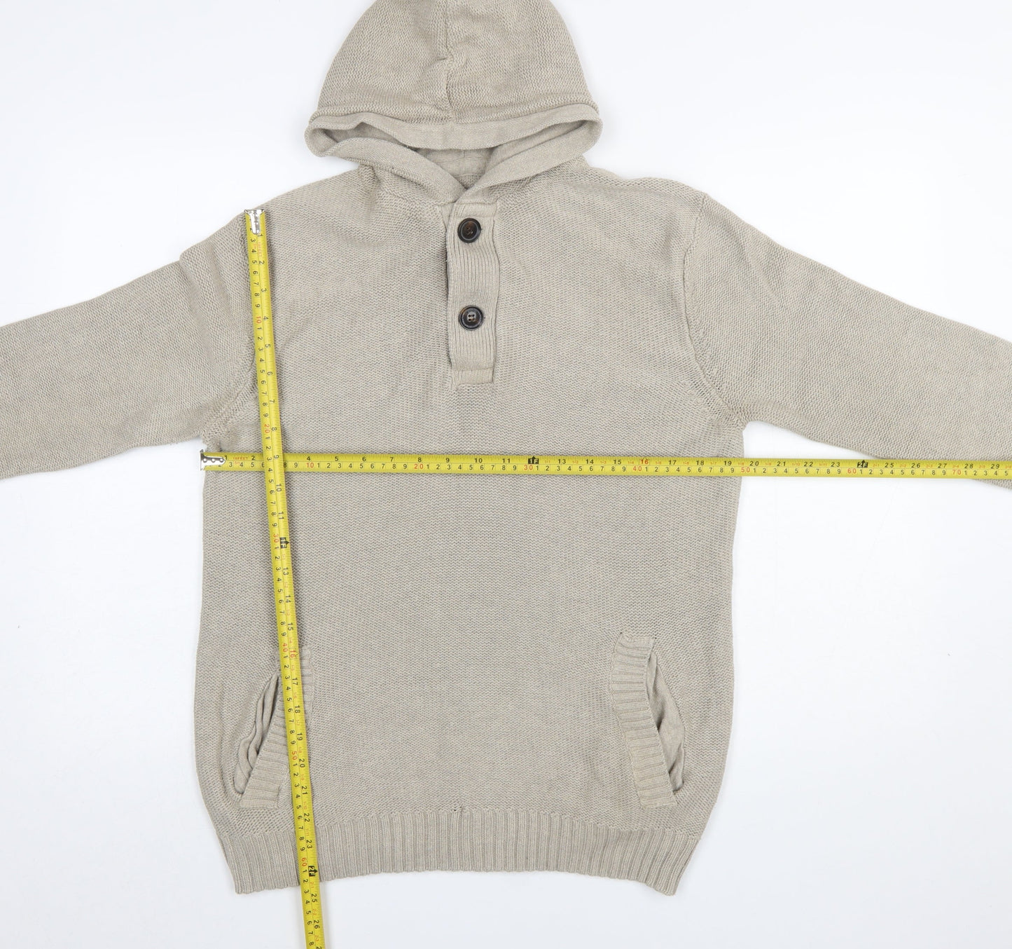 H&M L.O.G.G Men’s Beige Cotton Hooded Henley Jumper Size M