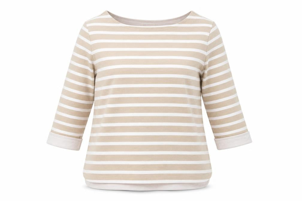 Pomodoro Womens Beige White Striped 3/4 Sleeve Cotton T-Shirt UK 16