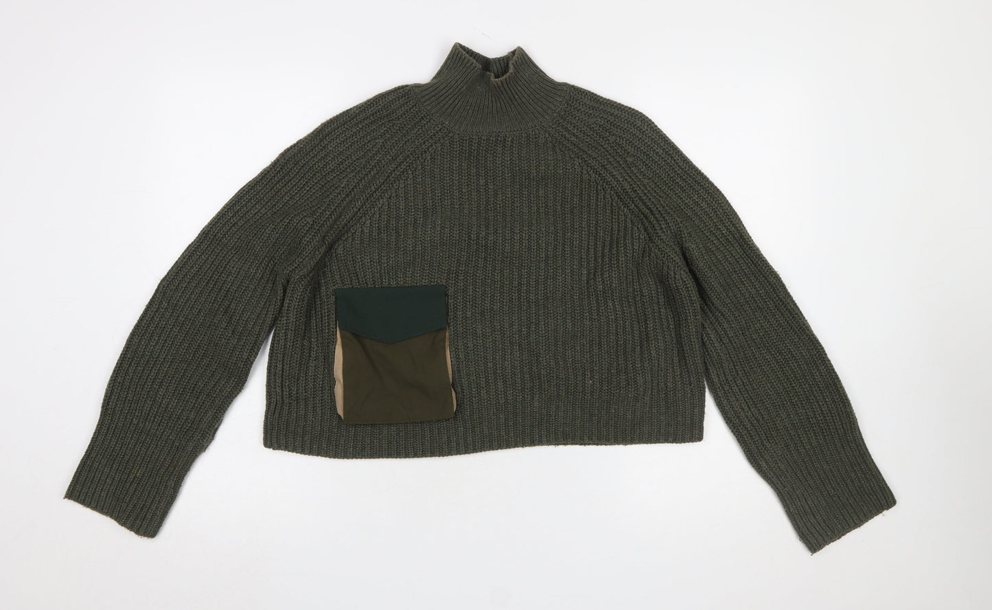 Zara Women Green Chunky Knit High Neck Pullover Jumper Size 12