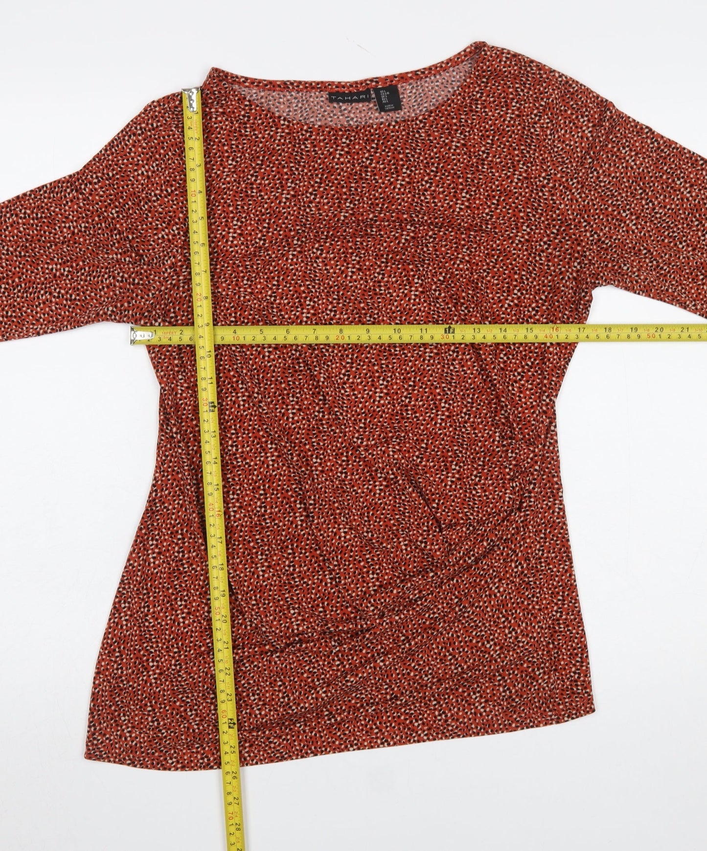 Tahari Women Red Animal Print L Tunic Stretch 3/4 Sleeve Blouse