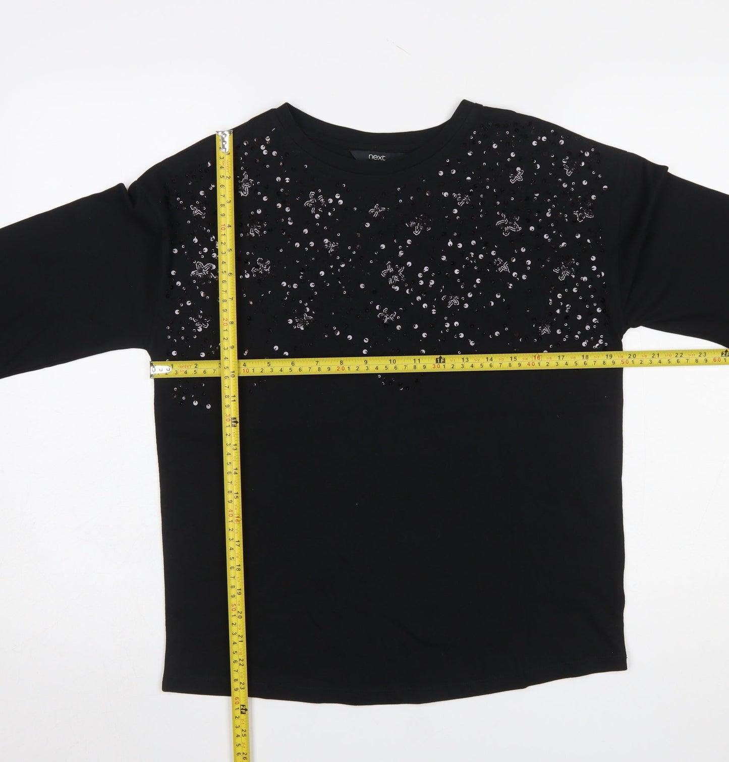 Next Women Black Sequin Long Sleeve T-Shirt Size 8 Cotton