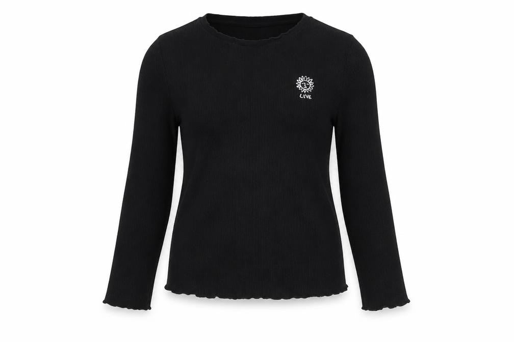 Front view of Marks & Spencer girls’ black long sleeve embroidered love t-shirt 13-14y