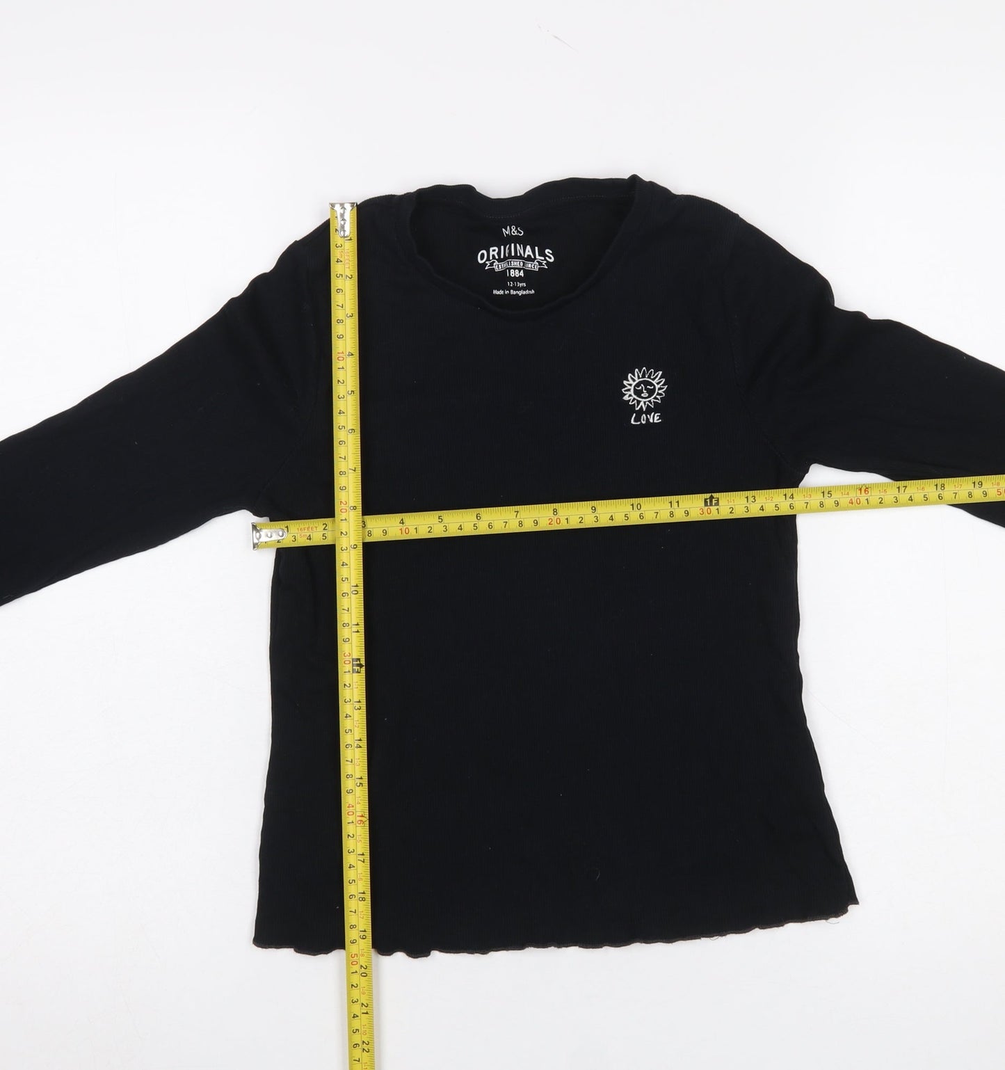 Marks and Spencer Girls Black Long Sleeve Embroidered Love T-Shirt 13-14Y