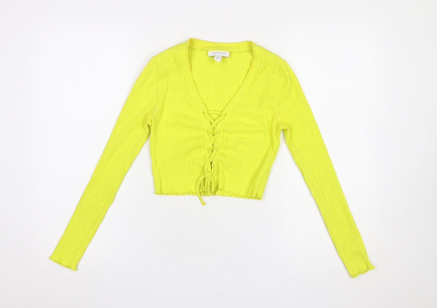 Topshop Petite Yellow Cropped Ribbed Long Sleeve Lace-Up Blouse UK 8