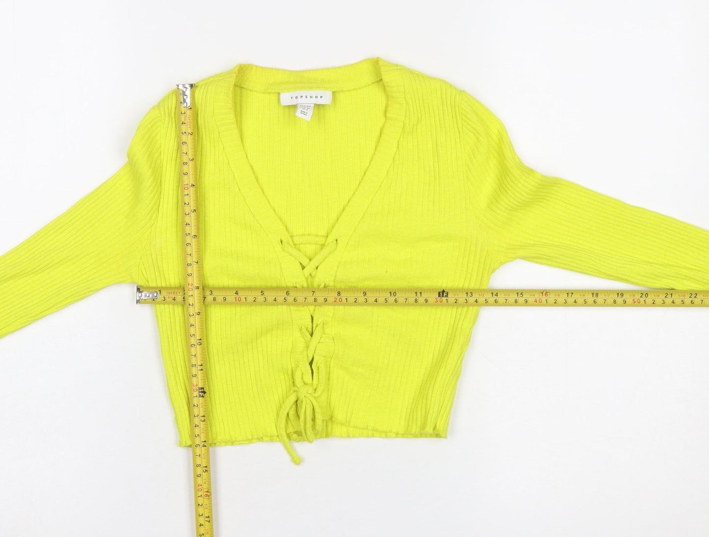 Topshop Petite Yellow Cropped Ribbed Long Sleeve Lace-Up Blouse UK 8