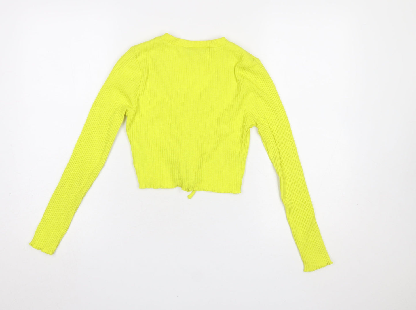 Topshop Petite Yellow Cropped Ribbed Long Sleeve Lace-Up Blouse UK 8