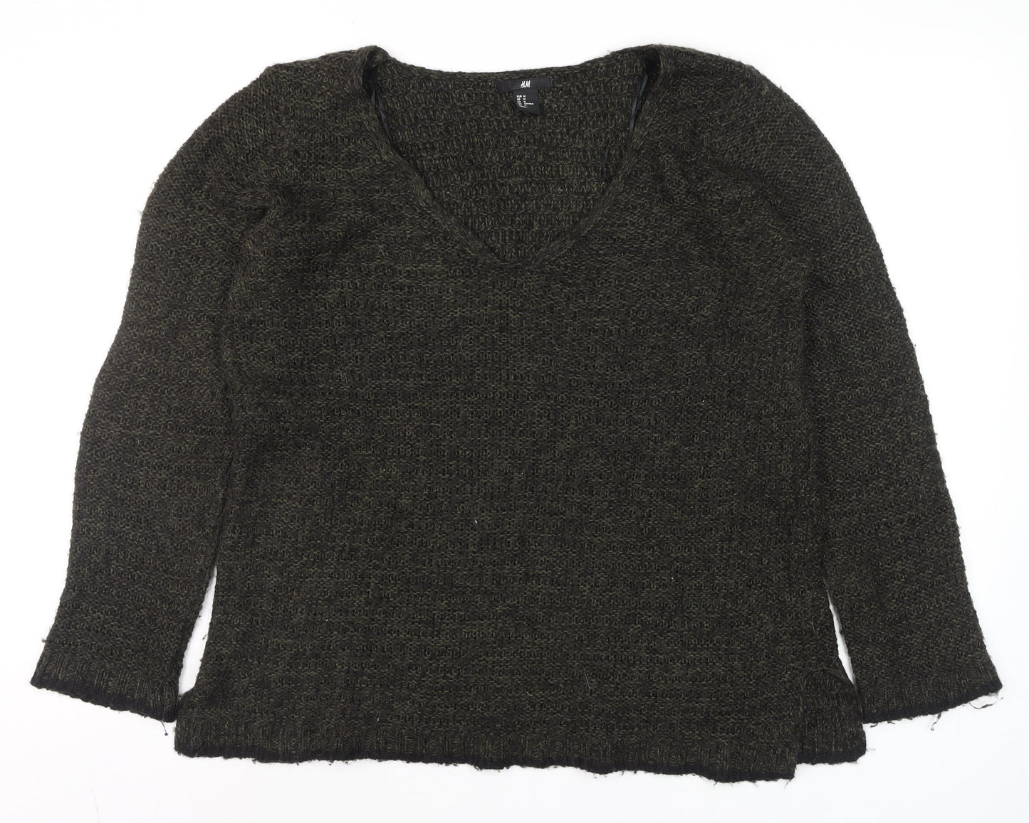 H&M Womens Green Chunky-Knit V-Neck Long Sleeve Pullover Jumper Size M