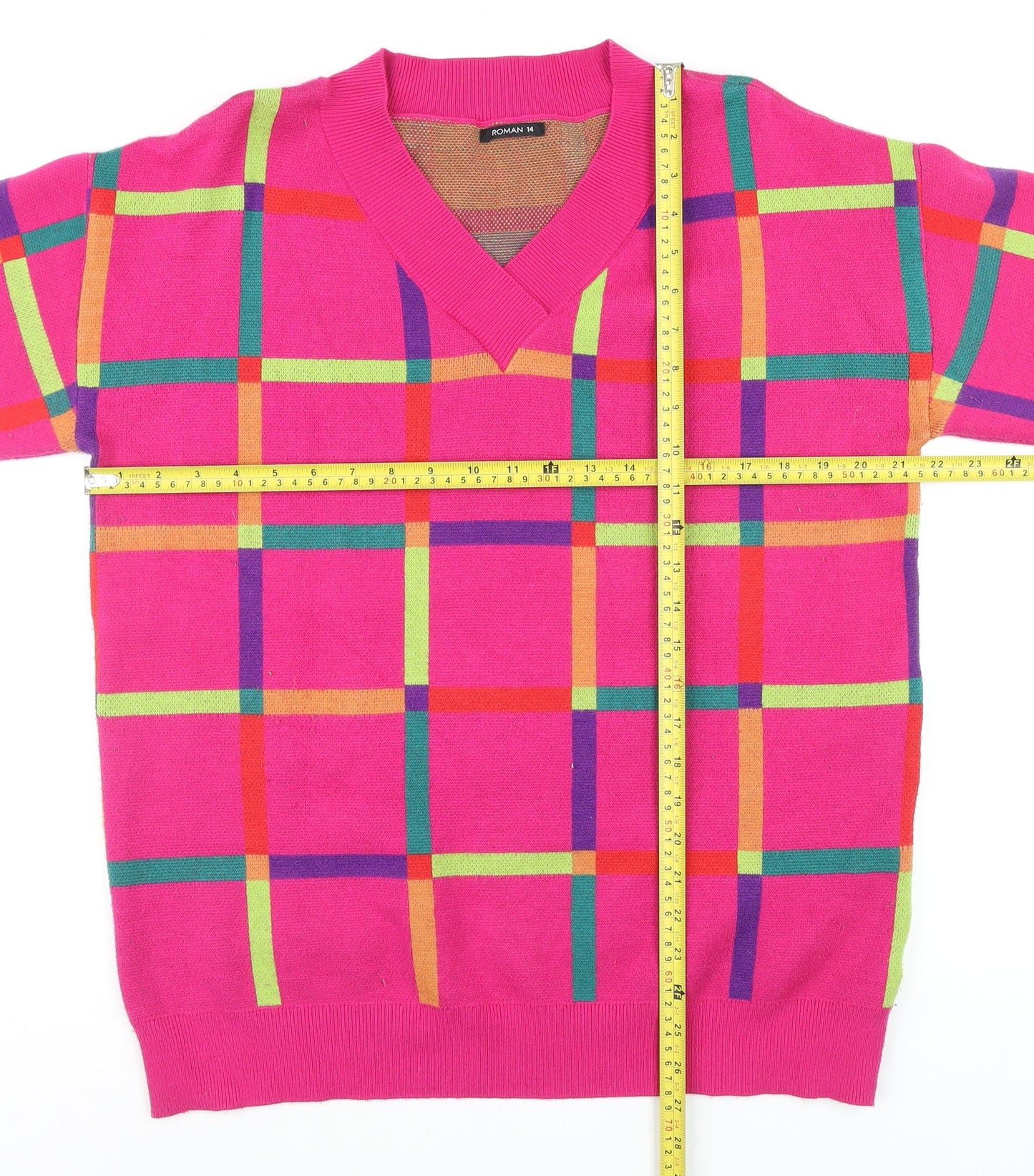 Roman Women’s Pink Check V-Neck Long Sleeve Pullover Jumper Size 14