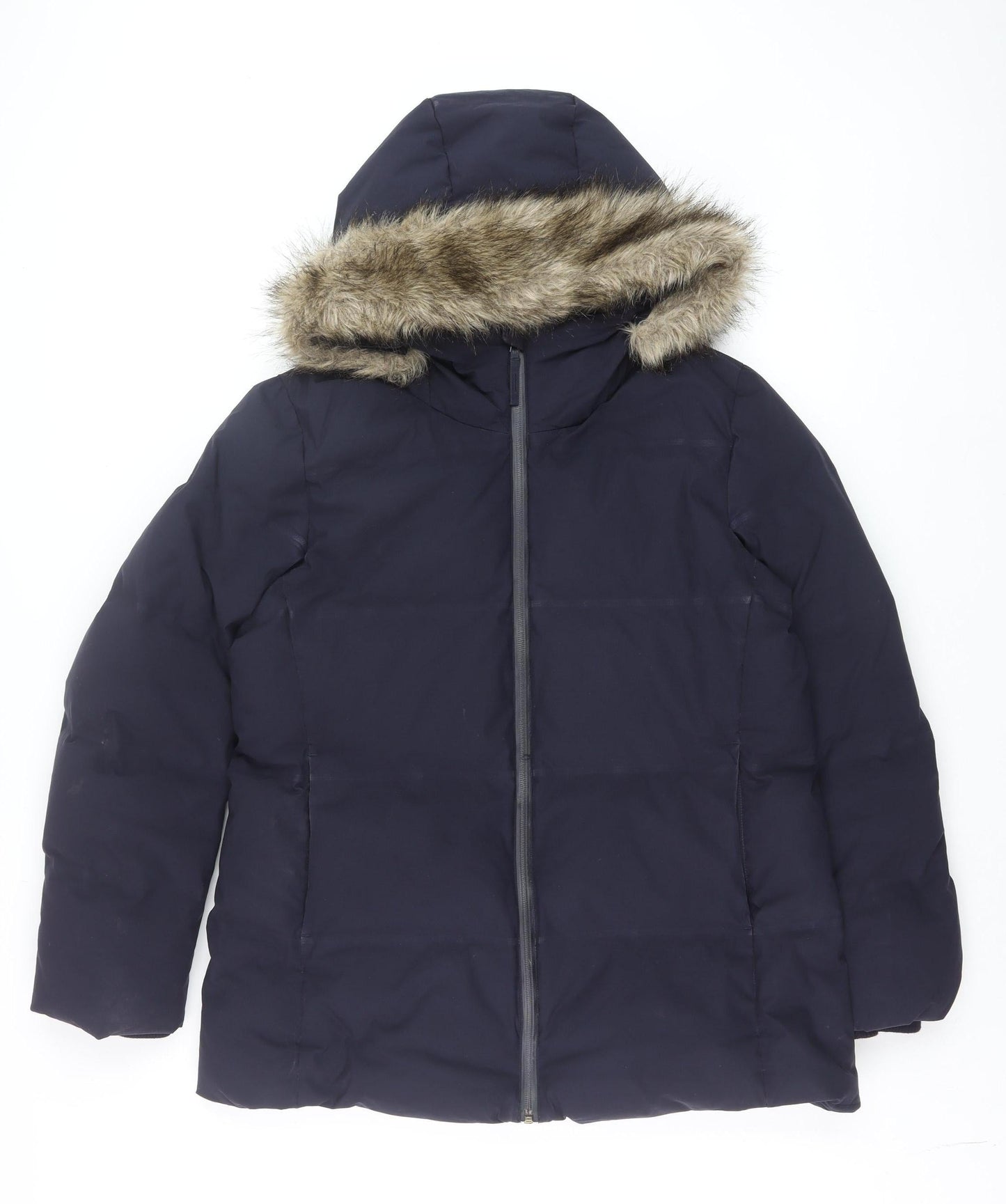Uniqlo Men's Navy Hooded Puffer Jacket L Faux Fur Trim Windproof
