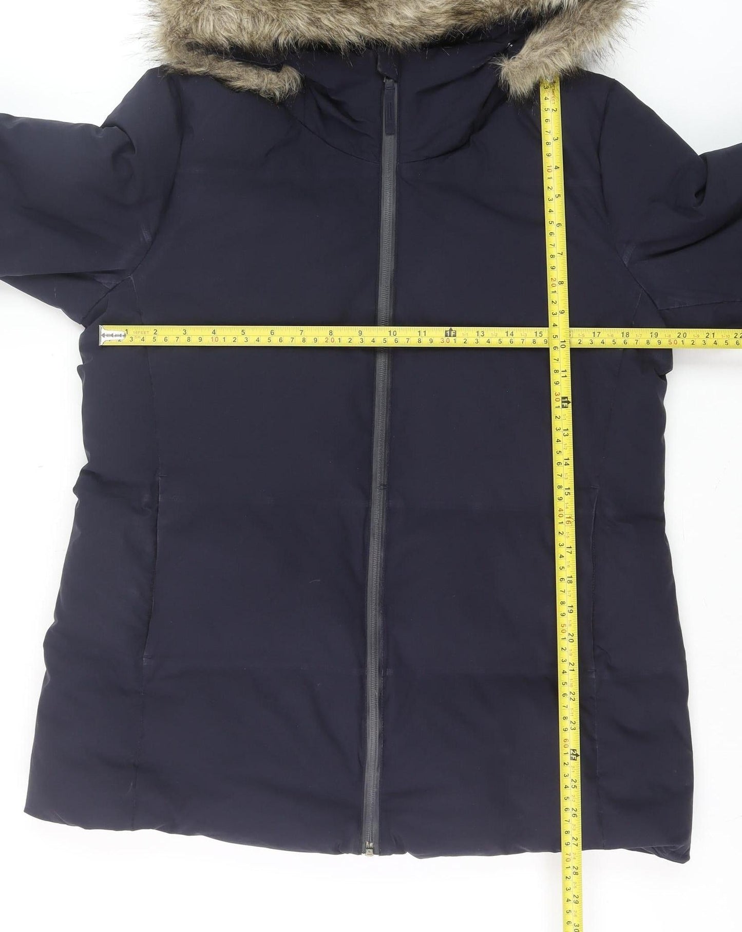 Uniqlo Men's Navy Hooded Puffer Jacket L Faux Fur Trim Windproof