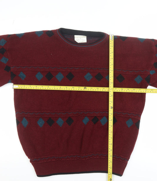 Casuals Men Red Argyle Knit Crew Neck Pullover Jumper M