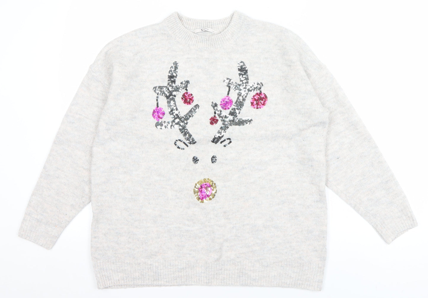 Tu Women Beige Sequin Reindeer Christmas Jumper Size 14