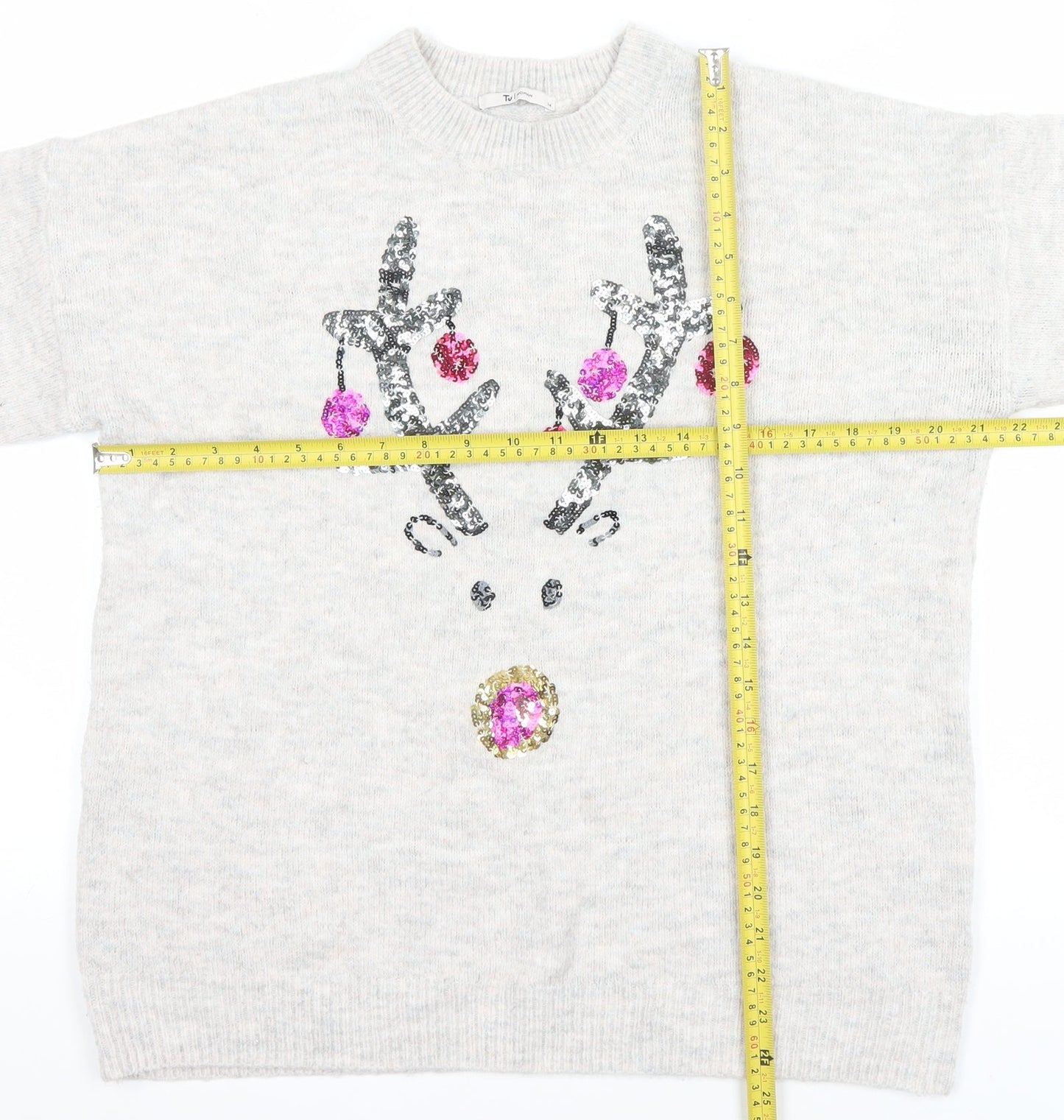 Tu Women Beige Sequin Reindeer Christmas Jumper Size 14