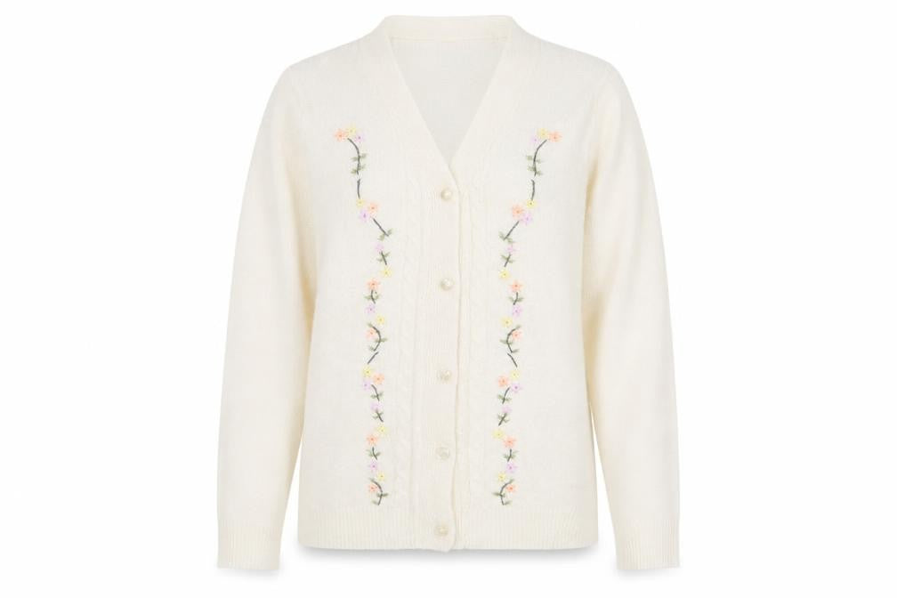 Bonmarché Womens Ivory Floral Embroidered V-Neck Knit Cardigan Size S