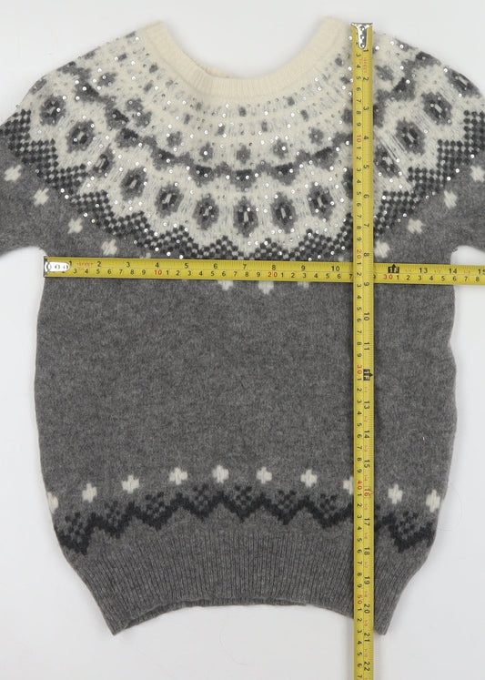 Jack Wills Womens Grey Fair Isle Sequin Crew Neck Wool Jumper Size 6
