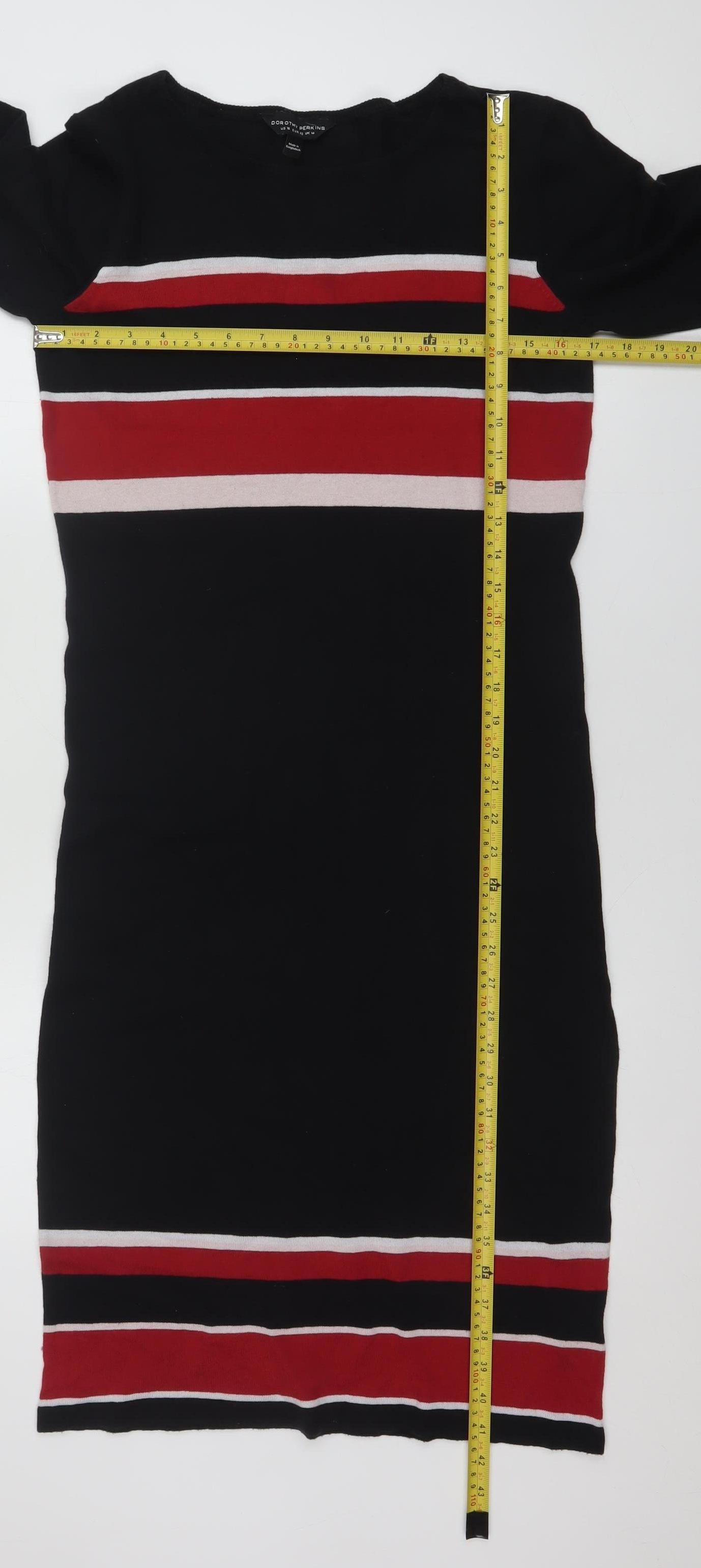 Dorothy Perkins Women Black Striped Bodycon Knee Length Long Sleeve Dress Size 14