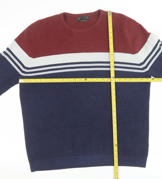 Marks and Spencer Men's Blue Striped Cotton Blend 2XL Crew Neck Jumper