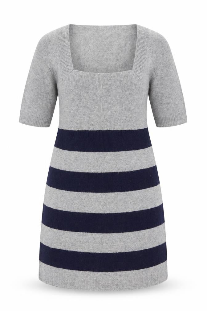 GANT Women’s Grey & Navy Striped Wool Blend Short Sleeve Knee Dress Size S