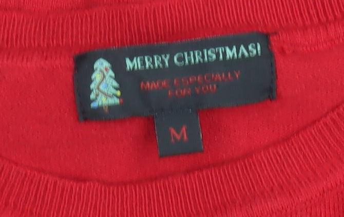 Merry Christmas Women's Red Sequin Star Pullover Jumper Size M