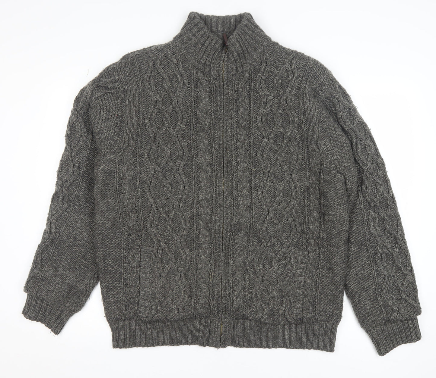 Boston Crew Men's Grey Full Zip Cable Knit Jumper L Warm Lined High Neck