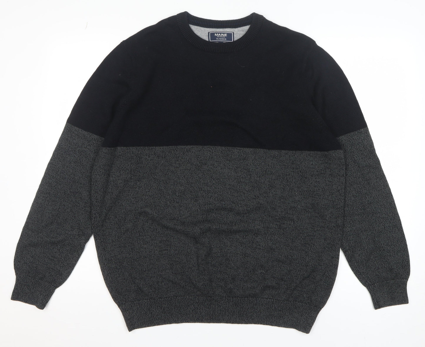Maine New England Men Black Grey Cotton Crew Neck Jumper L Classic Knit