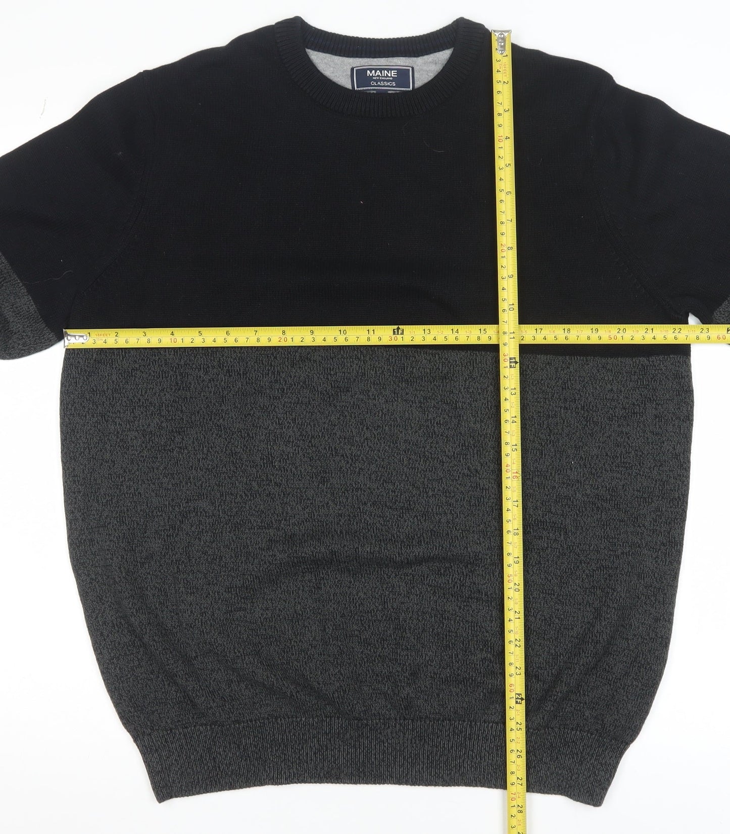Maine New England Men Black Grey Cotton Crew Neck Jumper L Classic Knit
