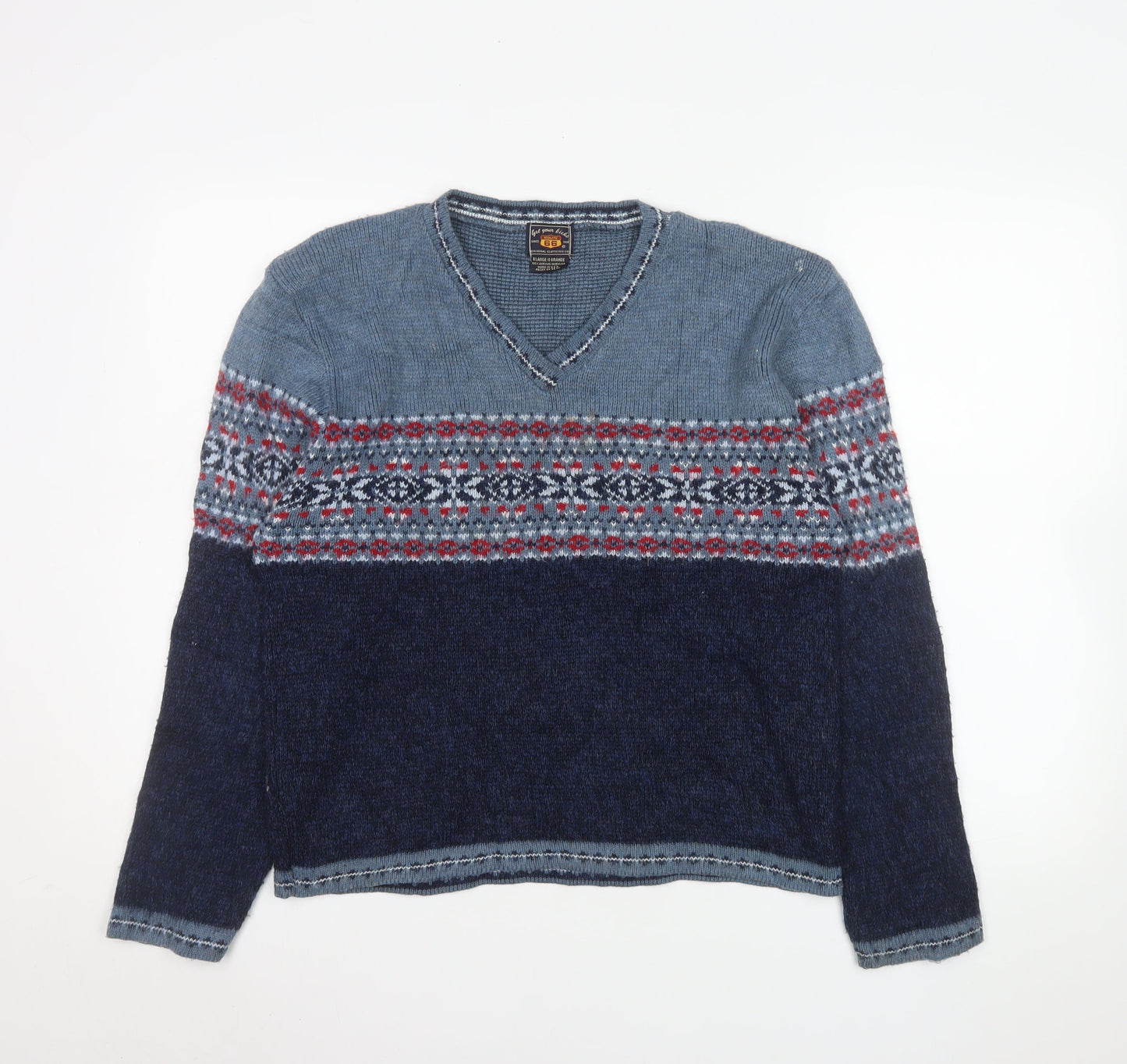 Route 66 Men's Blue Fair Isle V-Neck Acrylic Pullover Jumper XL