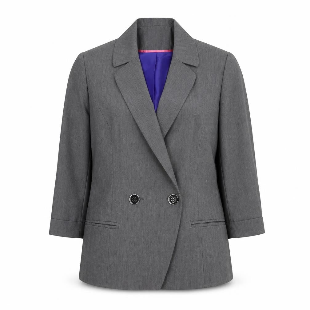 Front view of Denim Co Women Grey Double-Breasted Blazer, size 12, Regular Fit Work Jacket
