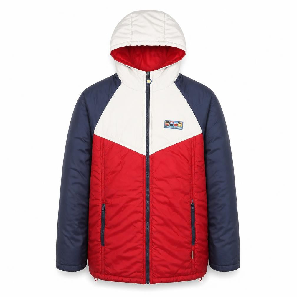 Front view of Sesame Street boys’ red blue colourblock hooded puffer jacket 11-12 years